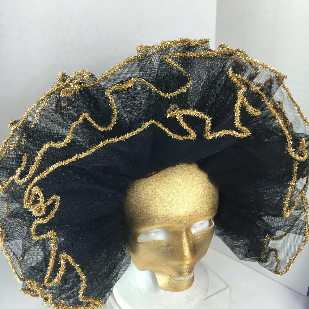 Vintage Venetian Gold Fabric Mask w/ Blk Net Ruffles NOS NWOT